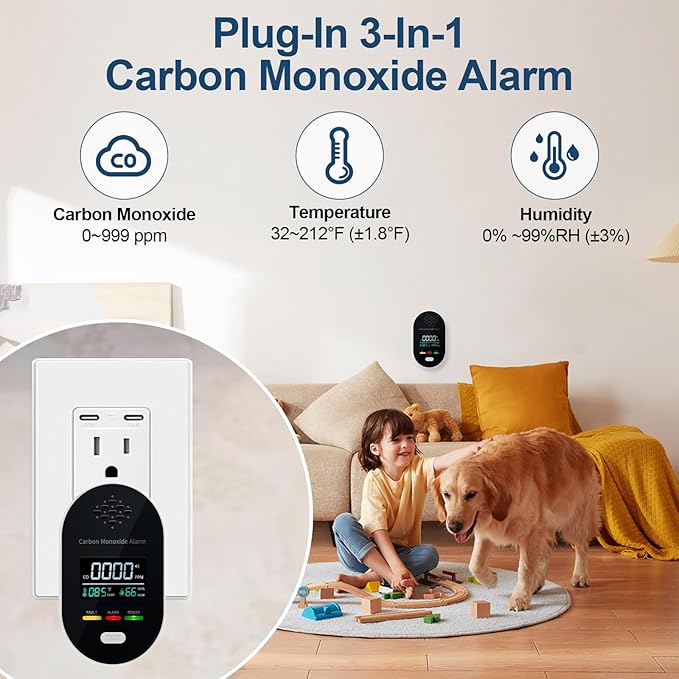 Carbon Monoxide Detector Plug in Wall, 3-in-1 CO Detector with Temperature Humidity Sensor, Portable Carbon Monoxide Detectors Easy to Read & Install, for Home/Office/Hotel/Travel/RV
