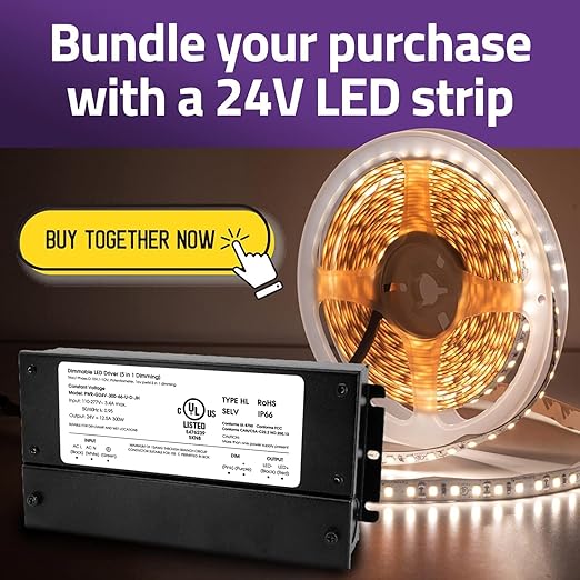 HitLights 300W Dimmable LED Driver, Electronic Transformer, 120V AC to 24V DC Power Supply for LED Strip Light, IP66 Rated, Dimming with TRIAC, 0-10V, 1-10V, Potentiometer, 10V PWM, UL Listed, Class 2