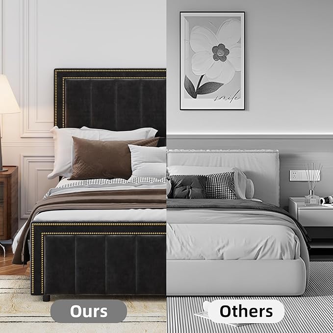 BarnFurin Queen Bed Frame with 50" Tall Headboard and Footboard, Chenille Upholstered Platform Bed, Vertical Channel Tufting with Nailhead Trim, No Box Spring Needed, Easy Assembly, Black