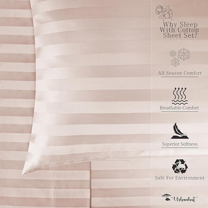 URBANHUT 800 Thread Count 100% Cotton Damask Queen Size Sheets, 4 Piece Striped Queen Size Bedsheets, Luxury Hotel Sheets Sateen Weave - Better Than Egyptian, 16" Elasticized Deep Pocket- Blush Pink
