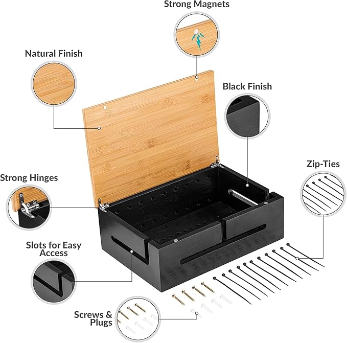 Bamboo Cable Management Box with Magnetic Lid - 12,6x7,9x4.3 in - Durable Cable Organizer to Hide Cords & Power Strip - Wall Mountable - Including Hardware - for Home, Office, Desk & More (White)