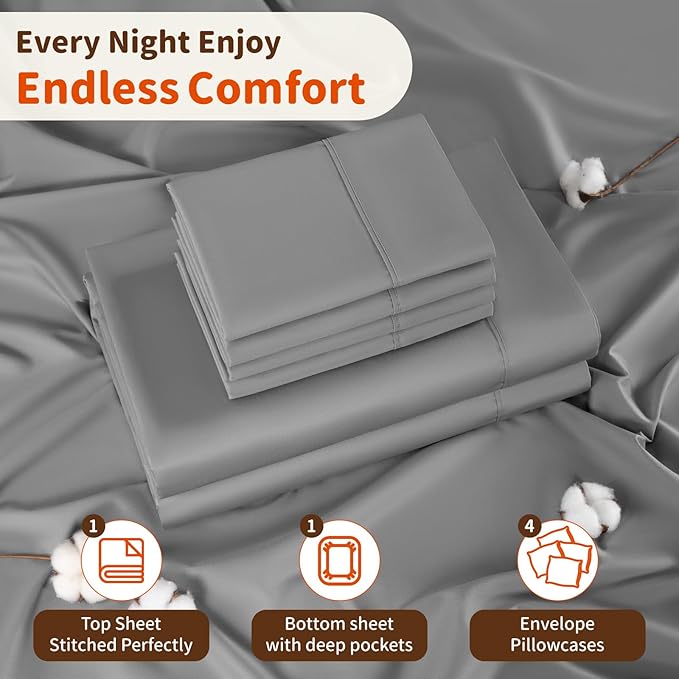 LBRO2M 1000 Thread Count 100% Egyptian Cotton Sheets Set 6 Piece Sets King Bed Sheet Deep Pocket Sheet Set 16" Soft Comfortable All Season (King, Gray)