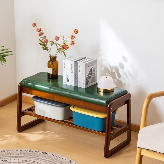 Solid Wood Shoe Bench, 2-Tier Entryway Bench with Cushion and Flip-Open Storage Box, Mid-Century Modern Shoe Bench Rack for Hallway, Mudroom(Green, 39.4'')