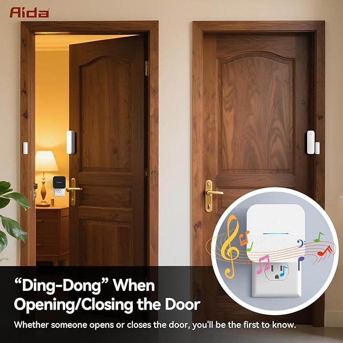 AIDA Door Alarms When Opened Wireless Ring Chime Sensor Alarm for Business/Home/Kids - 600ft Range, 58 Ringtones, 5 Volume Levels, Open Alert, Easy Install (1 Receiver + 1 Sensor)