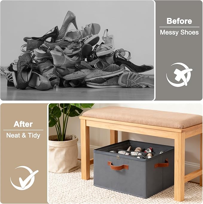 Shoe Organizer for Closet, Foldable Shoe Storage Box with Clear Top Lid, 3 Leather Handles, Adjustable Dividers, Fits 8-16 Pairs, Stackable Shoe Bin for Bedroom (Gray, 2 PCS/16.9*11.8*1.57 inch)