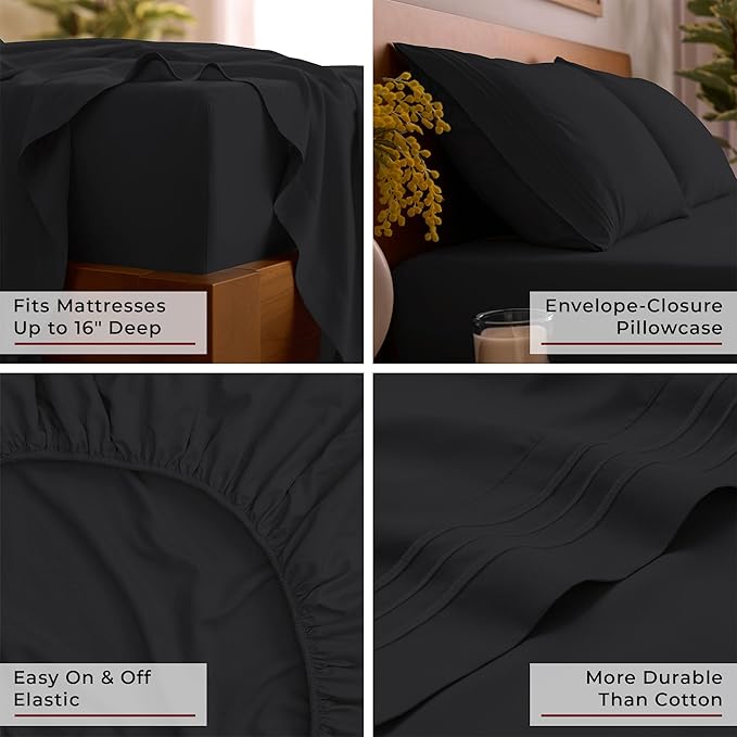 Mellanni California King Sheet Set - 6-Piece Iconic Collection Bedding, (Including 4 Pillowcases), 16-Inch Deep Pocket, Easy Care, Extra Soft, Cooling Sheets, Brushed Microfiber - Black