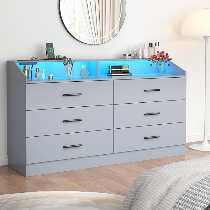 6 Drawer Dresser with Power Outlet, Chest of Drawer with LED Light, Modern Dresser with Open Storage Cubby, Double Wide Dressers Organizer for Bedroom, Living Room, Entryway, Hallway (Grey, 6 Drawers)