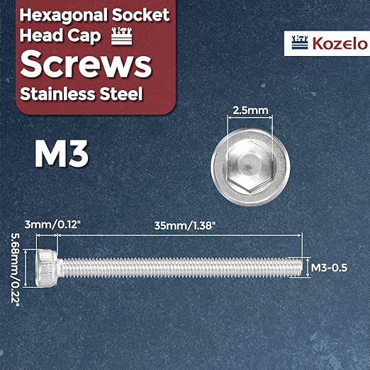 Kozelo 100pcs Socket Head Cap Screws - [M3-0.5 x 35mm] 304 Stainless Steel Allen Socket Drive for Electrical Motor 3D Printing Fan Engine Replacement Use, Silver