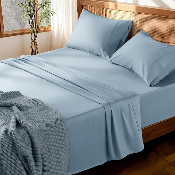 LBRO2M 100% Cotton Sheets Set Deep Pocket 19", 1000 Thread Count Queen Size 4 Piece Bed Sheet Sets Soft Comfortable Bedding All Season (Queen, French Blue)