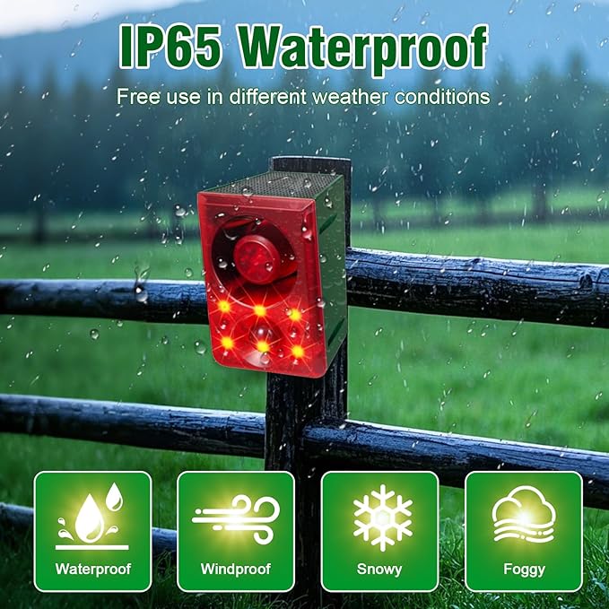 ChunHee Solar Outdoor Motion Sensor Alarm with Dog Barking Gunshot Sound, Support Recording and Adjustable Volume, 130db Loud Noise Maker 3 Work Modes Strobe Light for Home, Villa, Farm, Barn (1pack)