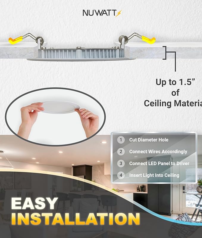 NUWATT 12 Pack, 4 Inch Ultra-Thin LED Recessed Lighting, 5CCT 2700K/3000K/3500K/4000K/5000K Selectable, 630LM, 9W, IC Rated, Dimmable Slim Panel Light, White Trim Canless Wafer with Junction Box, ETL