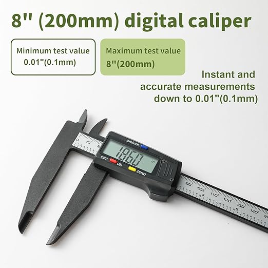 SCITOOLS Digital Caliper 0-8" Measuring Tool, Micrometer Caliper with Auto-Off Feature, Interchangeable Between inches and millimeters for Jewelry Measurement and 3D Printing