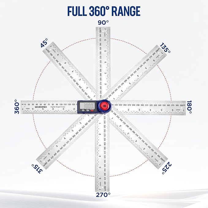 WORKPRO Digital Angle Finder, 7-Inch / 200 mm Stainless Steel Angle Finder Tool with Lock & Hold Function, Precision Measuring Tool with Bag for Woodworking, Carpentry, Construction Projects