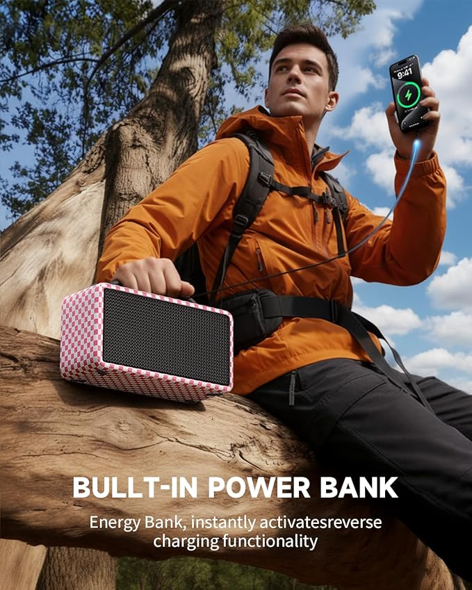 DINDIN Portable Bluetooth Speaker： 80W (Peak), 20H Playtime, Wireless Big Wood Boombox with Deep Bass, Subwoofer, TWS, Large, Loud Speaker for Party, Outdoor, Backyard, Beach, Home,Gift（Pink+White）