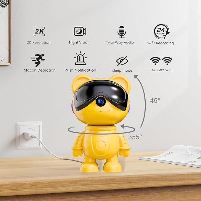 dzcctvipc-Cute Bear-2K Smart-Robot Security-Camera Wireless - Nanny & Pet Motion Monitor with Mobile App,Baby Cry Detection Alarm,5G Dual-Band,Pan-Tilt,Full HD Night Vision,24/7 Recording,2-Way Audio