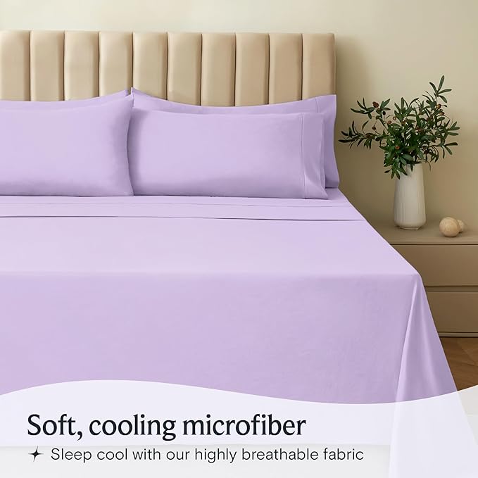 LuxClub 4 PC Full Sheet Set, Deep Pockets Wrinkle Free Cooling Bed Sheets Hotel Bedding for Women, Men, Kids & Teens, Includes 1 Fitted Sheet, 1 Flat Sheet and 2 Pillowcases-Soft Lavender