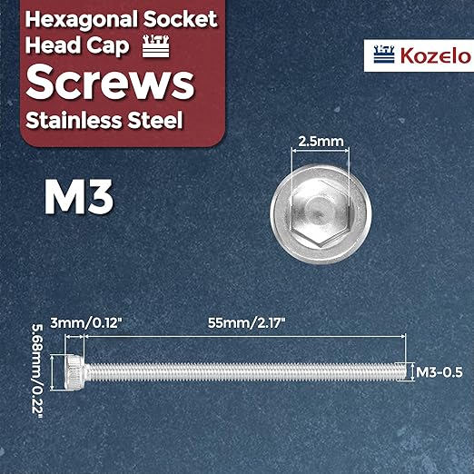Kozelo 50pcs Socket Head Cap Screws - [M3-0.5 x 55mm] 304 Stainless Steel Allen Socket Drive for Electrical Motor 3D Printing Fan Engine Replacement Use, Silver