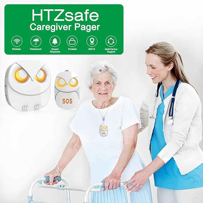HTZSAFE Caregiver Pager Wireless Call Button 500+ Feet, SOS Alert Nurse Calling Elderly Fall Help System for Patient/Disabled Monitoring at Home, IP55 Waterproof, 1 Transmitter + 1 Receiver , White