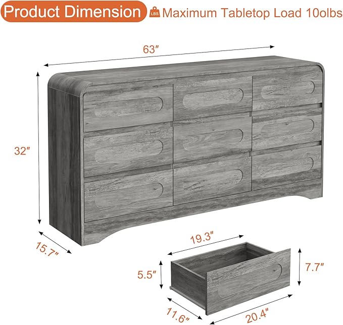 4 Piece Bedroom Set, Dresser and Nightstand Sets, Including Modern Wooden Large 9 Drawers Dresser and Tall 6 Drawer Dressers & Night Stand Set of 2 for Bedroom, Grey