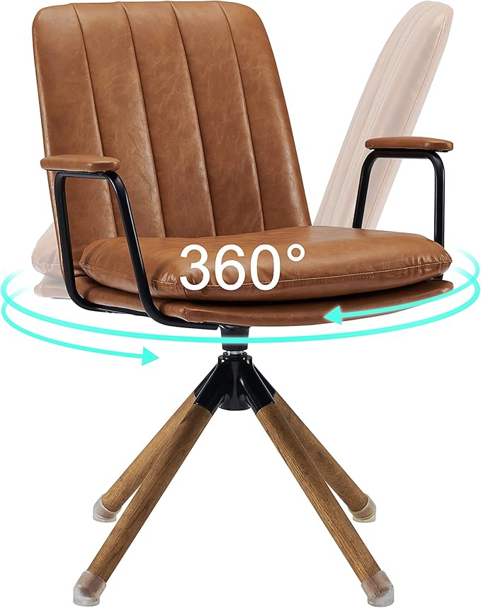 Art Leon Mid Century Modern Chair, Oak Legs Swivel Accent Chair No Wheels, Faux Leather Armchair for Small Spaces Home Office Living Room Bedroom, Yellow Brown