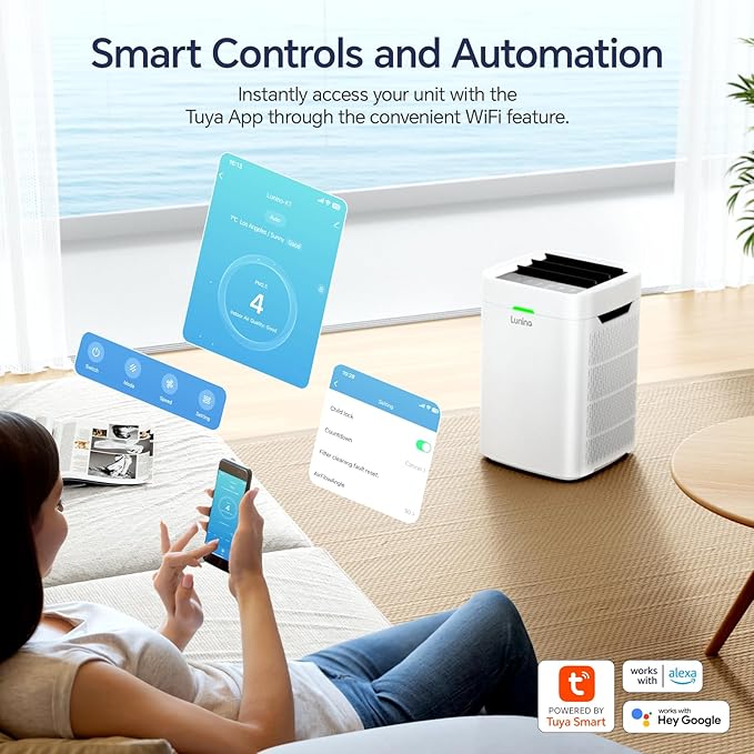 LUNINO Air Purifiers for Home Bedroom Dorm Room Apartment, Double-sided HEPA Air Purifier with Washable Pre-filter, Smart WiFi, PM 2.5 Air Quality Monitor, Fan Mode, for Pets Hair, Dust, Smoke