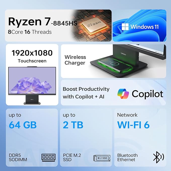 Lenovo IdeaCentre Business All-in-One PC, 27" FHD 100Hz Display, AMD Ryzen 7 8845HS, 64GB DDR5 RAM, 2TB SSD, Wi-Fi 6, Win11 Home, Wireless KB & M, Copilot-Ready, Bundle with Adata UC310 64GB