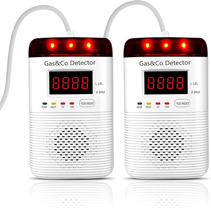 2 Packs Combination Gas & Carbon Monoxide Detectors Plug in, Portable CO Detector with Digital Display Audible & Visual Alarm, Gas & CO Alarm Applicable to for Home, Kitchen, Hotel