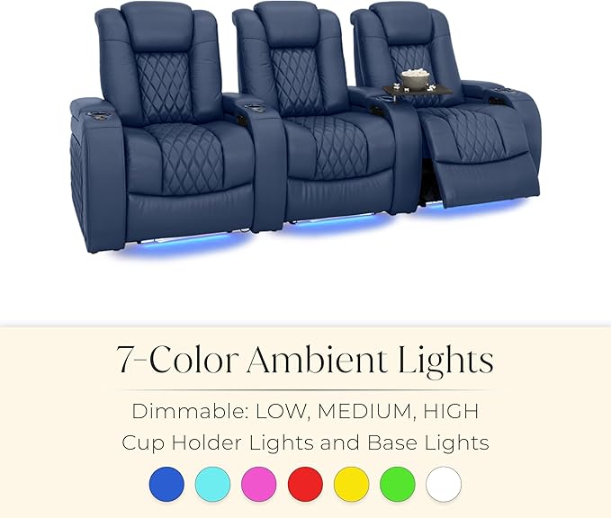 Seatcraft Diamante Zero-Gravity CoolZero Italian Leather Home Theater Seating, Power Headrest, Power Recline, Row of 3 Left Loveseat, Navy Blue