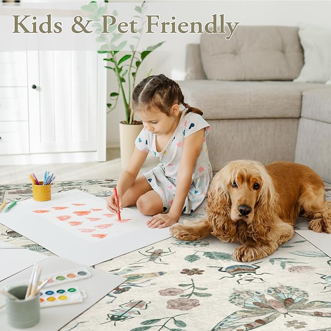 Lahome Insect Print Washable Rugs for Living Room, Soft 6x9 Area Rugs for Bedroom, Ultra-Thin Non Slip Modern Area Rug Low Pile Stain Resistant Throw Carpet for Dining Room Office(6'x9',Beige)