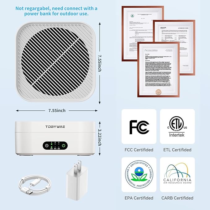 TDBYWAE Air Purifiers for Home Bedroom Up to 600 ft², True HEPA Air Purifier for Pets Dust Dander Pollen Odor Smoke, Portable Car Air Purifier for Travel