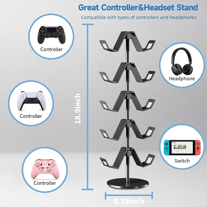 Qpfctwil Controller Stand,5 Tier Controller Headphone Holder for Universal Headsets and Controllers,Black