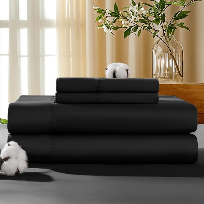LBRO2M 100% Cotton Sheets Set Deep Pocket 19", 1000 Thread Count California Size 4 Piece Bed Sheet Sets Soft Comfortable Bedding All Season (King, Black)