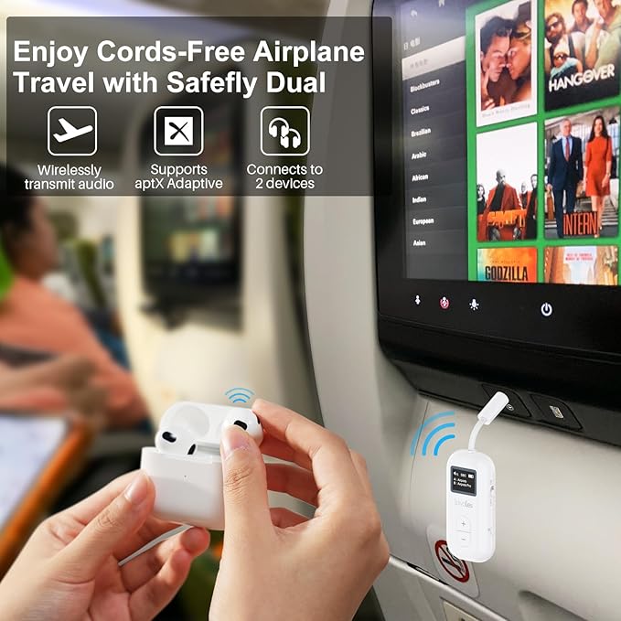 SafeFly Dual Bluetooth Transmitter with Screen for 2 Airpods, Wireless Audio Adapter Support aptX Low Latency, Long Range, 30H Battery Life, 3.5 mm Audio Jack on Airplanes, TV, Gym, MP3-White