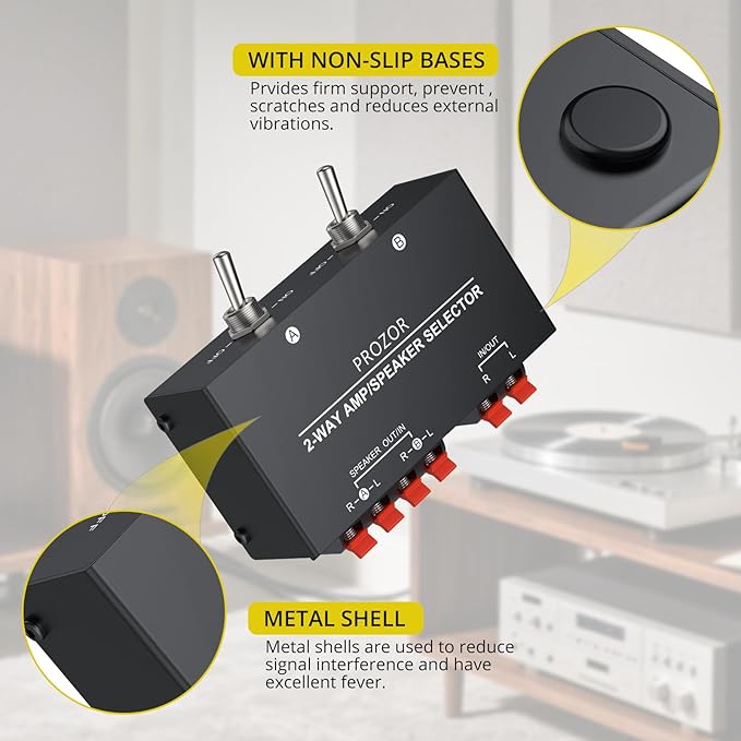 PROZOR 2-Zone Speaker Switch Box, 2-Way Amp/Speaker Selector with Independent A/B Control, Passive Stereo Switcher for Amplifier and Receiver, 150W RMS per Channel, Support 4–16Ω Speakers