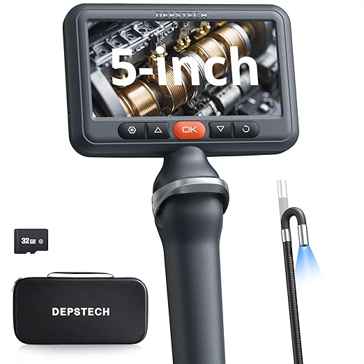 DEPSTECH Articulating Borescope Camera with Light, 5" IPS HD Screen, Industrial Endoscope Inspection Camera with Two-Way Articulated Probe, 0.24'' Flexible Snake Scope for Wall Automotive Engine - 5FT