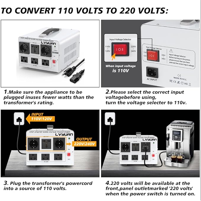 LVYUAN Heavy Duty 3000W Watt Voltage Transformer Converter Step Up/Down Converter 110/120 Volt - 220/240 Volt with 3 US,2 European,1 Universal Outlets and CE Certified,Circuit Break Protection