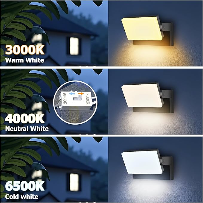 rosykite 60W LED Outdoor Wall Lights with 360°Rotation, Flood Lights Outdoor 5000K 4000K 3000K 3 Colors Changeable,Outside Sconce Security Lights for Garage Barn Front Porch