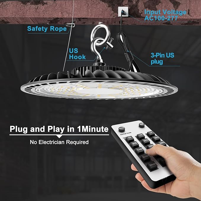 Lightdot Smart 250W High Bay LED Shop Lights 37,500LM High Bay Lights with Control (Normal Mode & Motion Sensor Mode) ETL-Listed Plug & Play for 30-40FT Height Warehouse-6Yrs Warranty-6Pack