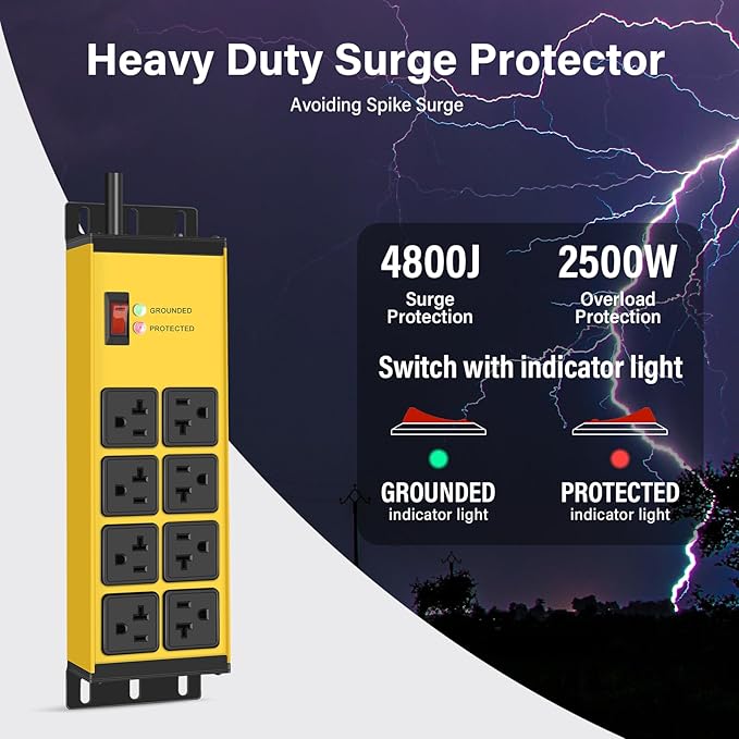 CCCEI Magnetic Heavy Duty Power Strip Surge Protector 20Amp, 12 Gauge High Amp Extension Outlets, Garage Wall Mount 8 Plug Metal Power Strip. 25FT, Yellow, 5-15P Adapter 6-20R T-Slot 20a for Appliance