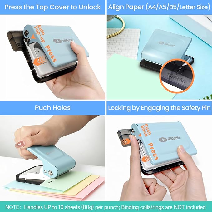 10-Hole Binding Machine for Planners,Metal Punch Loose Leaf Tool 26 Holes for B5, 30 for A4, 20 for A5 Paper,Handheld Manual Book Binder,Notebook Puncher for Home, Office, School, DIY Projects