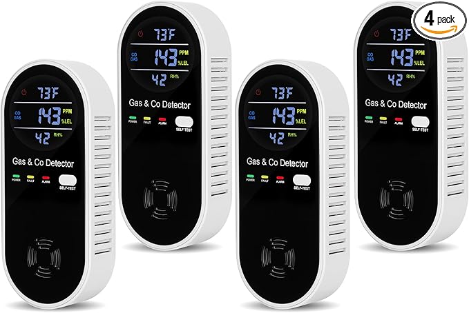 4 Packs Carbon Monoxide Detectors Plug in, 4-in-1 Natural Gas Leak Detector & Carbon Monoxide Detectors with Temperature & Humidity, Natural Gas Detectors for Home/Apartment/RV