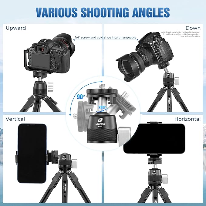LEOFOTO 9.84" Aluminum Table Tripod with Ball Head for Camera, 360° Rotation Desktop Tripod with 1/4" Screw for Phone Adaptor/Projector/Sport Camera, Max Load 11lb