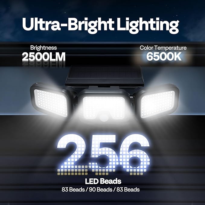 VIVOHOME Solar Flood Lights Outdoor, 256 LED 2500LM Motion Sensor Lights, 3 Adjustable Heads Security Lights, IP65 Waterproof, 270° Wide Lighting Angle Solar Powered Lights for Porch, Yard