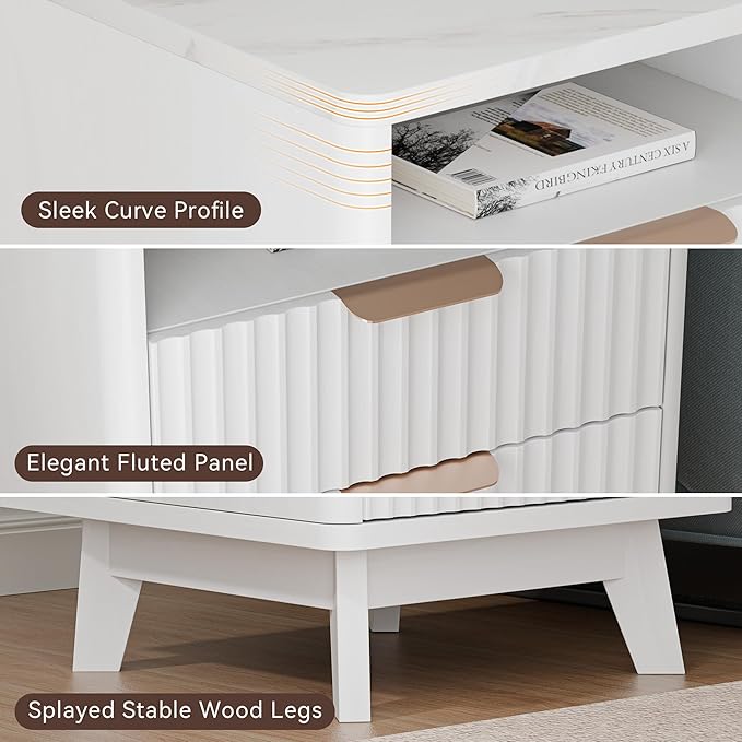 White Nightstand Set of 2, 18" Modern Night Stand with Faux Marble Top, Open Storage Shelf, Curved Edge Bedside Table for Bedroom, End Side Table