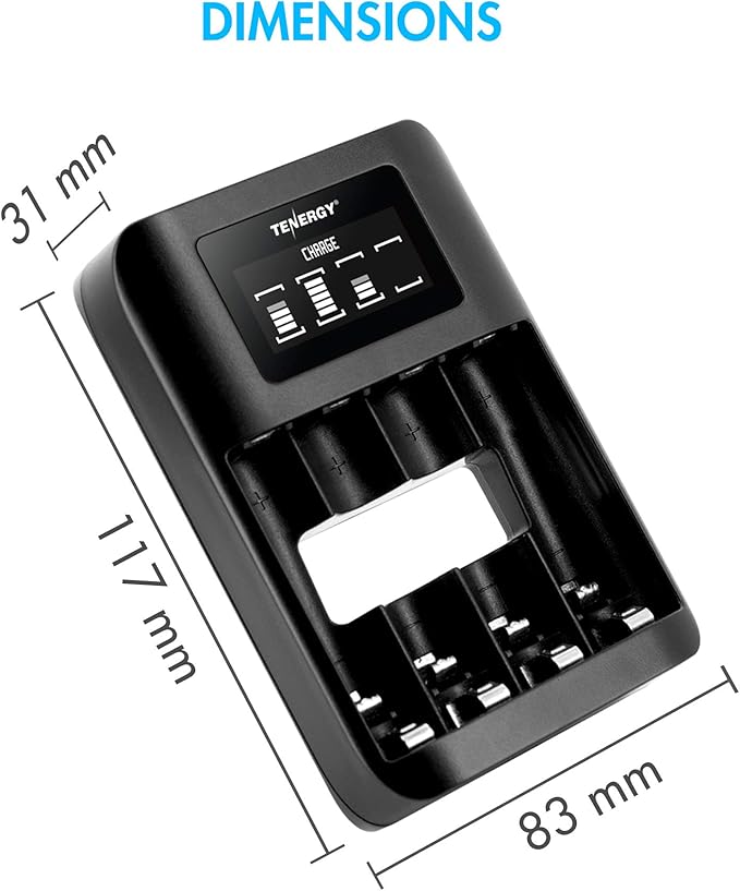 Tenergy TN474U 4-Bay NiMH/NiCD Battery Charger with LCD Display and USB Input, Portable Charger for AA/AAA NiMH and NiCD Batteries