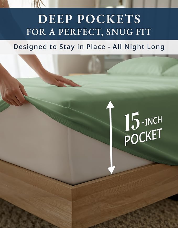 1000 Thread Count 100% Egyptian Cotton King Size Sheets – Silky Sateen Weave, Naturally Cooling & Durable, Ultra-Soft Luxury You Can Feel, Hotel Comfort, 15" Deep Pocket King Sheet Set – Iceberg Green