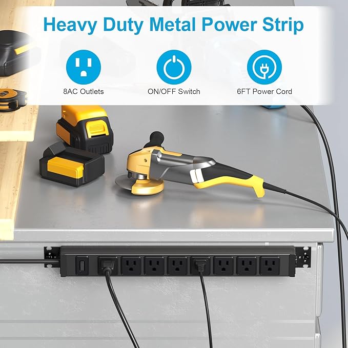 HHSOET 2 Pack Metal 360° Rotating Mountable Power Strip, 8 Outlet Gaming Table Mounted Long Power Strip, Heavy Duty Wall Mount Surge Protector with Switch, 15A 125V 1875W, 3ft Power Cord.(Black)
