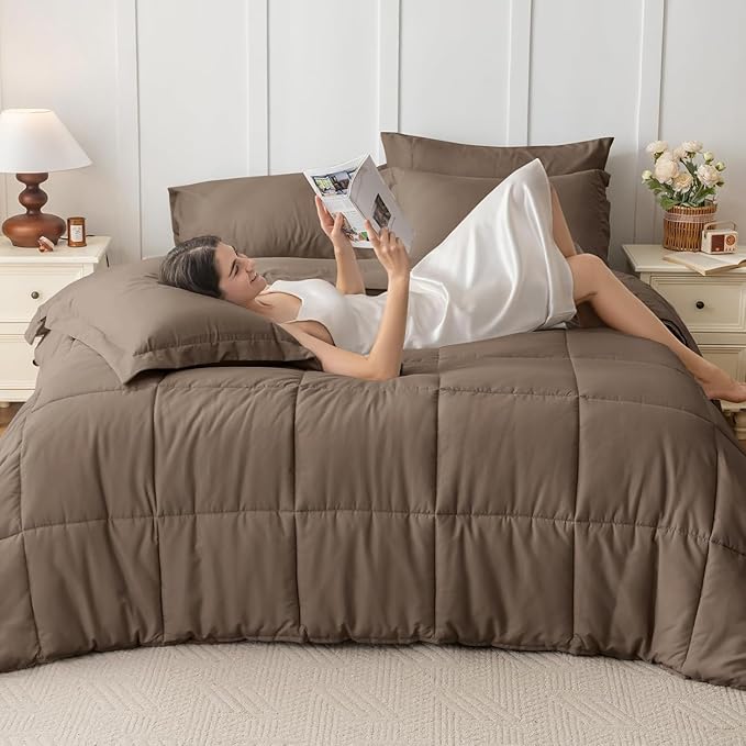 JOLLYVOGUE California King Comforter Set, Ultra-Soft Bed in a Bag Cal King Size 7 Pieces, Oeko-TEX Certified Bedding Set with Down Alternative Comforter, Sheets, Pillowcases & Shams, Brown