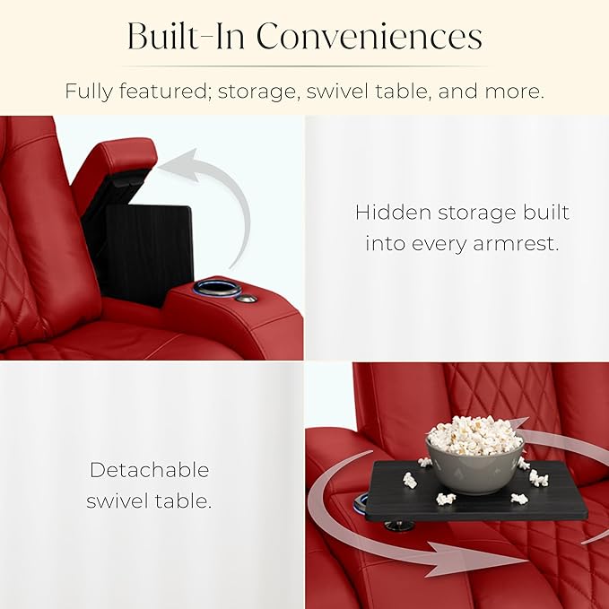 Seatcraft Diamante Zero-Gravity CoolZero Italian Leather Home Theater Seating, Power Headrest, Power Recline, Row of 5 Middle Sofa, Red