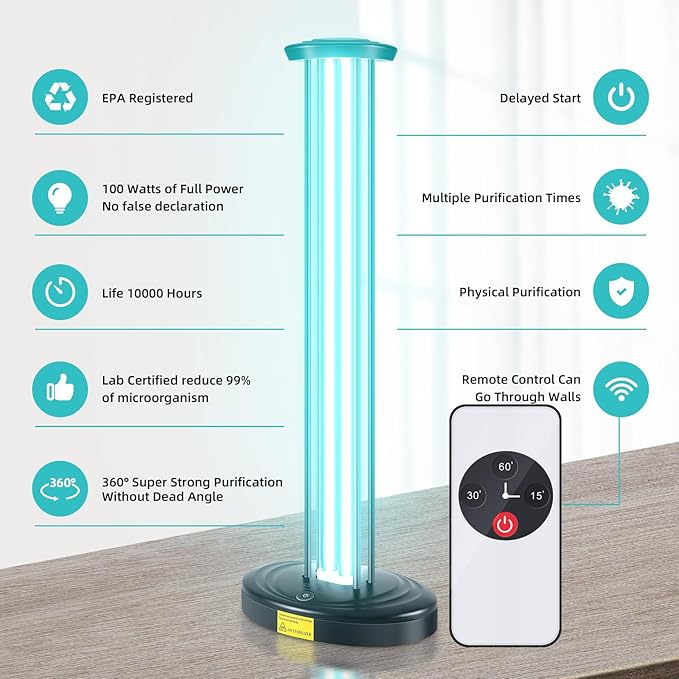 JTAPURE 100W UV Light with Ozone, 3-Gear Timer & Remote Control, Home Purification Device, Dust Mite & Mold Eliminator, Bed Bug Remover for Bathroom, Bedroom, Basement